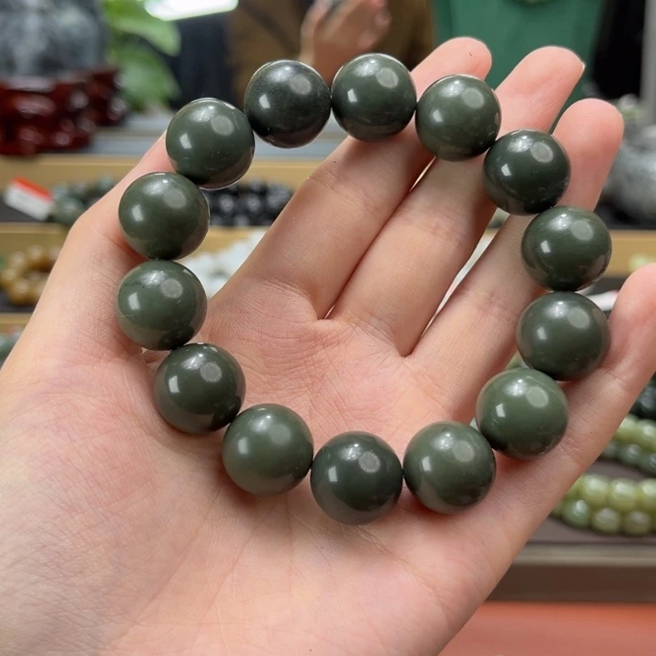 和田玉手串未镶嵌沙枣青16mm