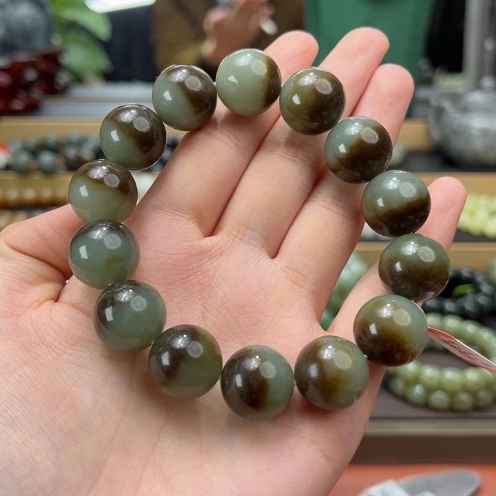 和田玉手串未镶嵌新疆且末蓝带糖半山半水16mm