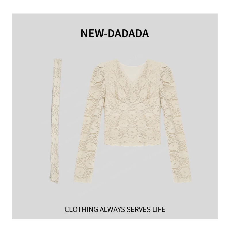 利达 NEW DADADA【少女蕾丝】气质V领蕾丝加绒上衣TDK2141