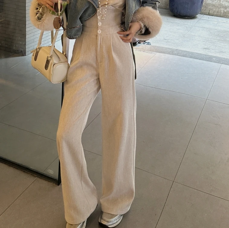 利达NEWDADAD超高腰毛呢直筒裤女冬垂感裤子窄版休闲西装裤TQ2772
