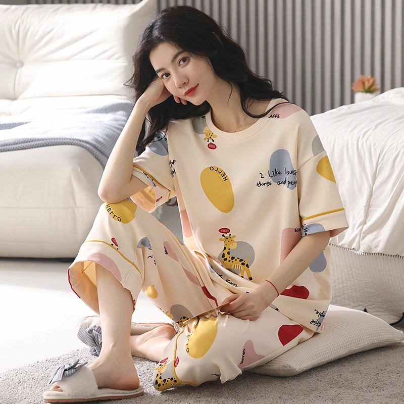 【现货两件套】夏天韩版可爱短袖七分裤学生女款夏季休闲家居服套装