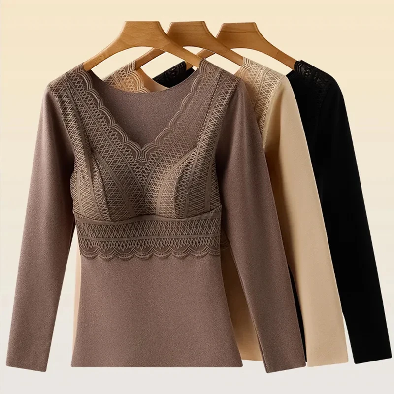 秋冬蕾丝保暖上衣女带胸垫一体式德绒内搭加绒无痕修身打底衫女Y