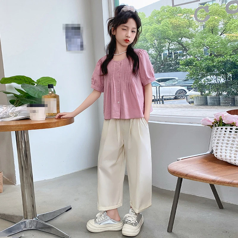 欧若风清凉套装2025新款休闲大童洋气时尚女孩薄款宽松阔腿防蚊裤