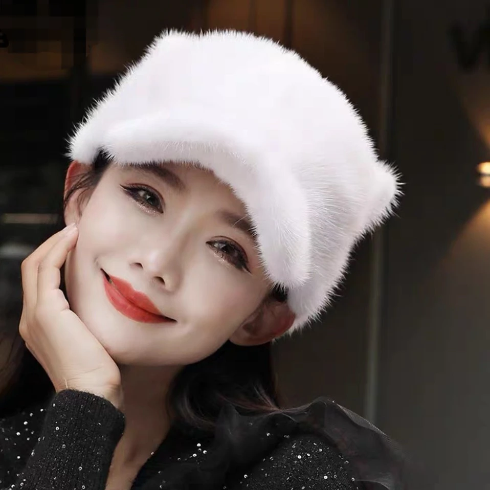 水貂毛整皮猫耳朵帽子，棒球帽时尚冬季韩版百搭