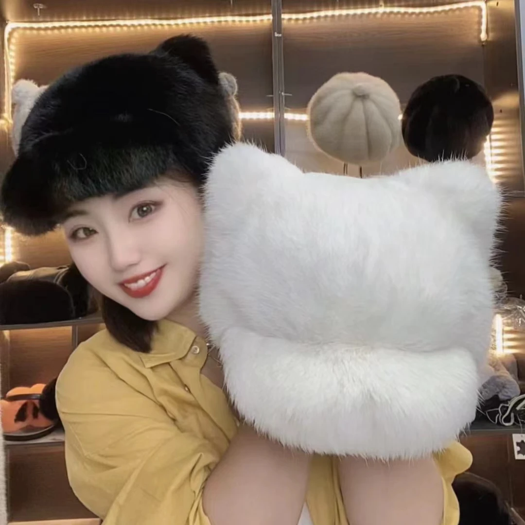 2024新款时尚整皮兔毛帽子冬季保暖时尚猫耳朵帽檐洋气秋冬帽子