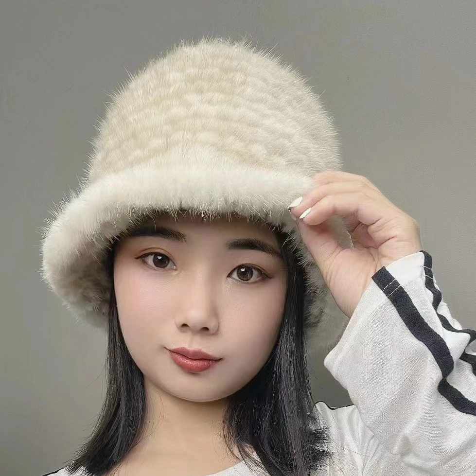 渔夫帽水貂毛针织百搭网红气质时尚加绒兔兔保暖冬天防寒韩版帽子