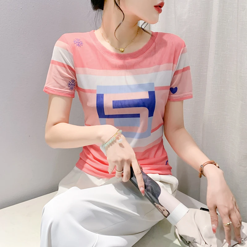圆领高弹网纱T恤女2024夏季图案印花时尚气质短袖洋气显瘦打底衫