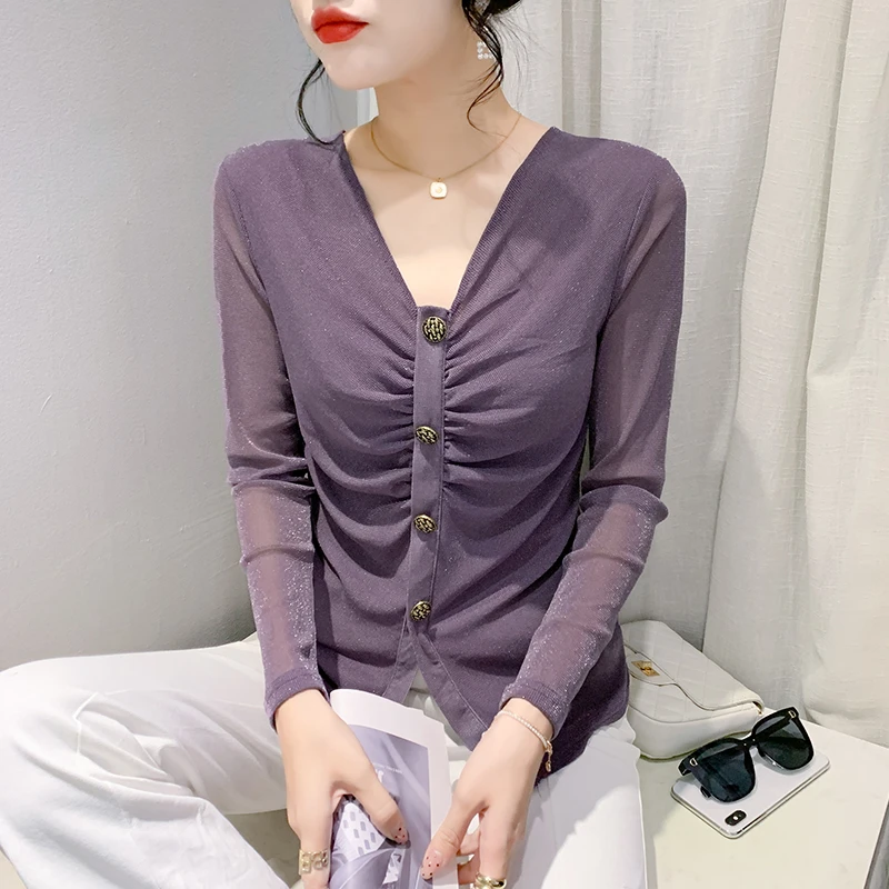 欧货秋季2024新款女装洋气v领t恤纯色纱网时尚感褶皱收腰内搭上衣