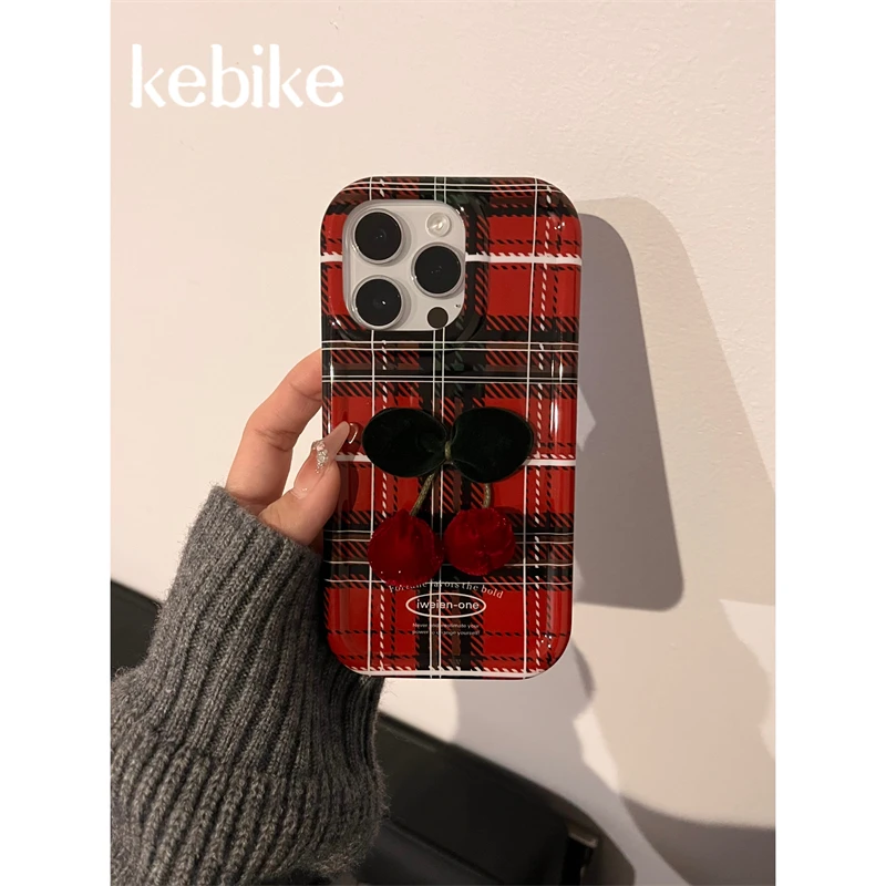 ins韩风拼色格子立体樱桃贴件苹果15promax/iPhone14/13/12手机壳