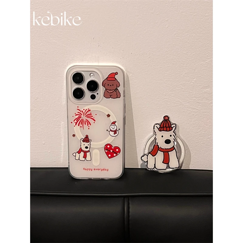 ins可爱烟花围巾小狗磁吸双层壳苹果15promax/14/13/12防摔手机壳