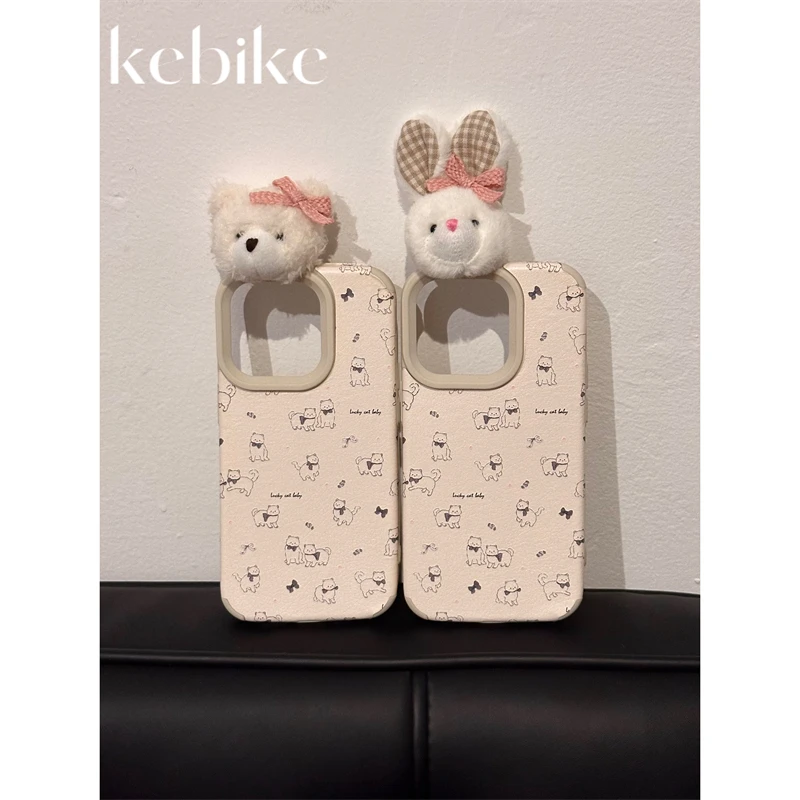 ins可爱满屏蝴蝶结猫咪立体小熊头贴皮款苹果15/14/13/12手机壳11