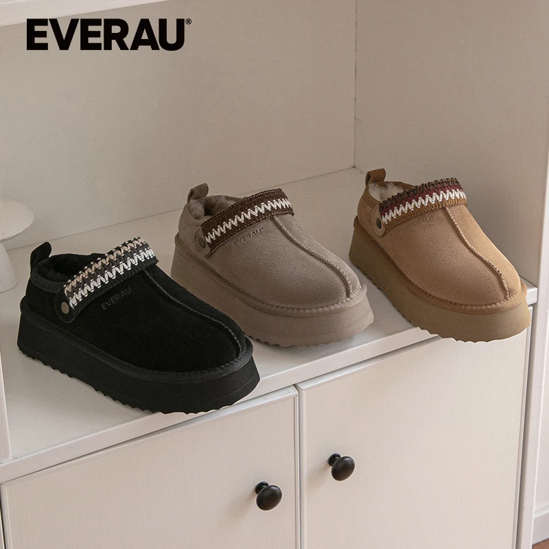 EVERAU雪地靴女2025羊加绒保暖厚底时尚外穿包头半拖毛毛鞋EA2059