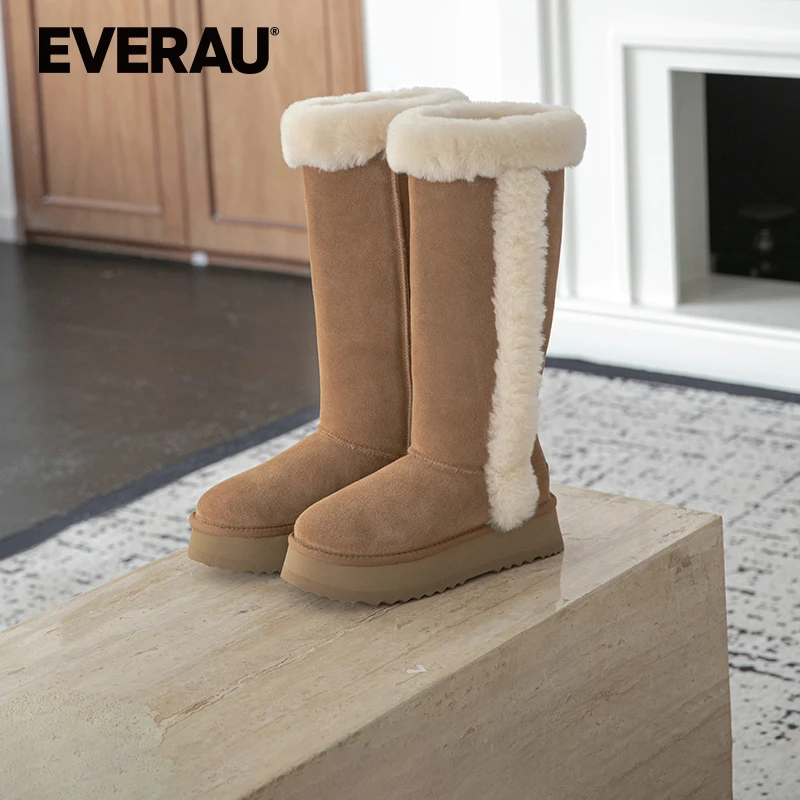 EVERAU长筒雪地靴女2025冬季厚底保暖东北加绒羊毛长筒靴UEA3172