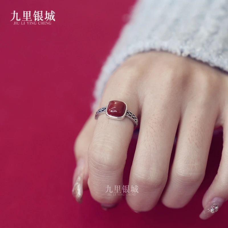 925银戒指 纯银方糖气质红色手工镶嵌精致复古中式方戒指食指指环