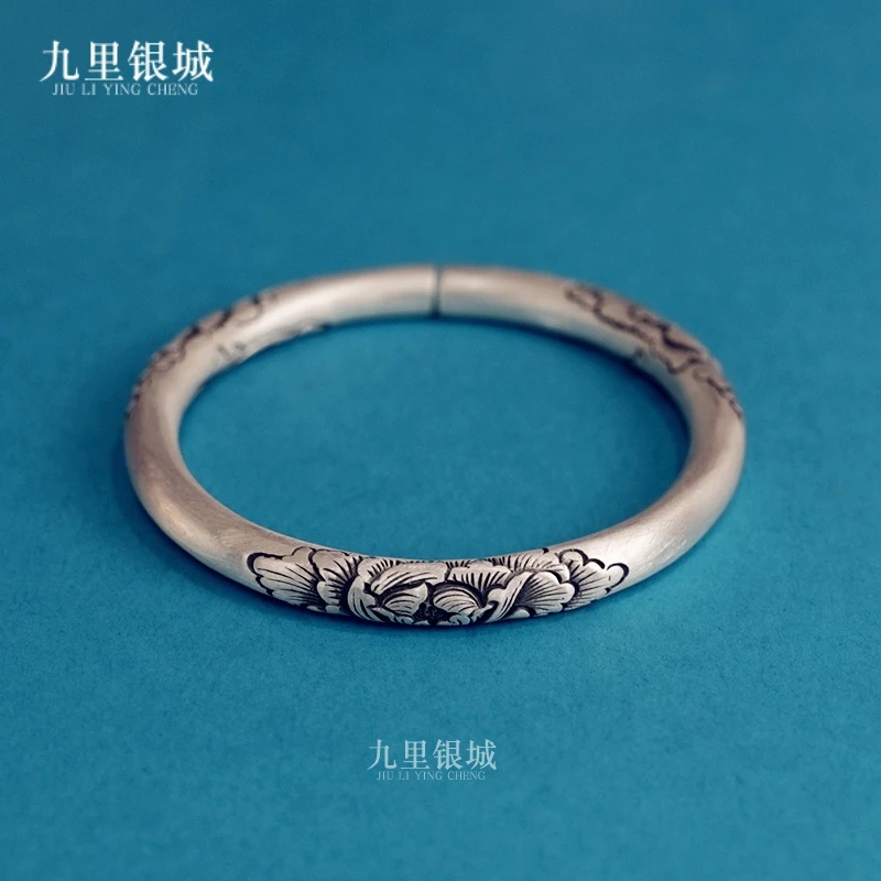 足银手镯 999纯银实心牡丹花重工手镯云南雪花银手工银古典镯子
