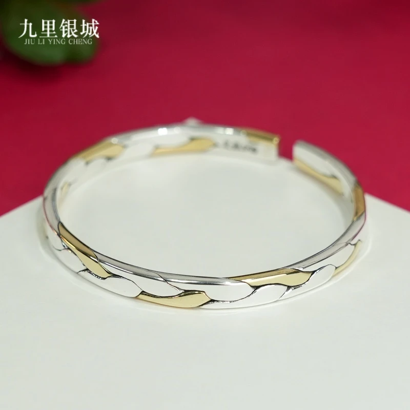 足银手镯 999纯银手工编织黄铜足银手镯个性细条素款光面经典手环