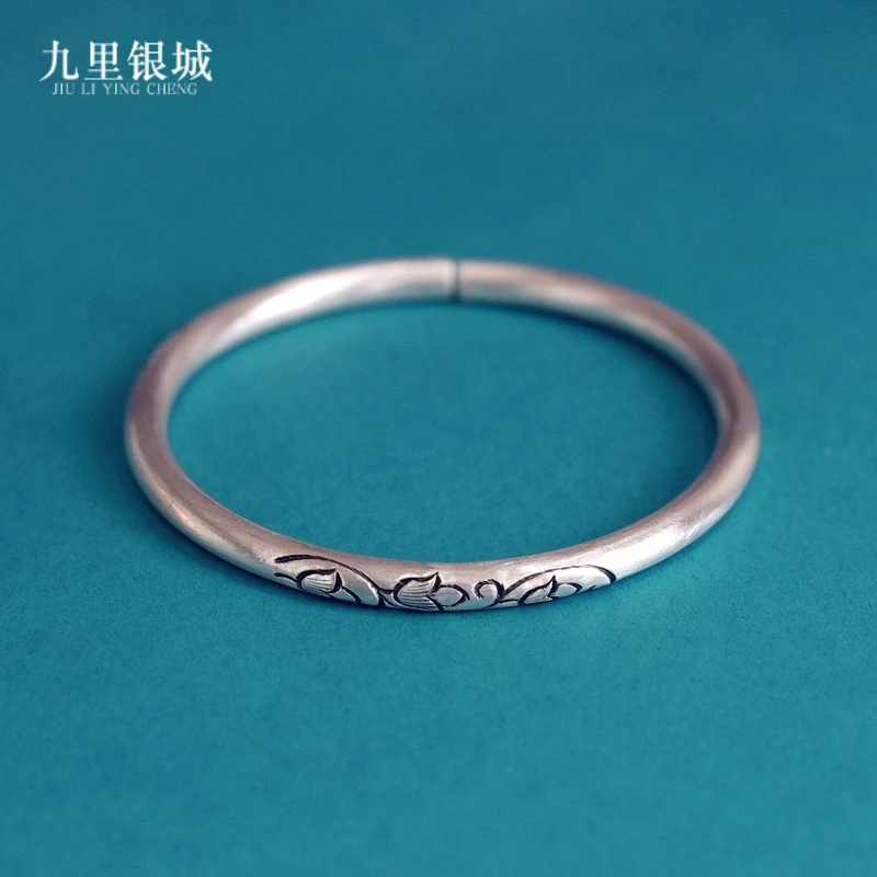 足银手镯 999足银素圈手工银铃兰花手镯经典简约复古百搭手环礼物