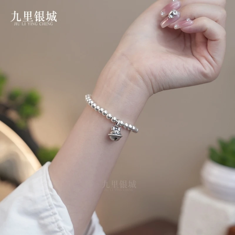 925银手链 纯银铃铛银珠手链复古磨砂哑光质感小众气质简约手串女