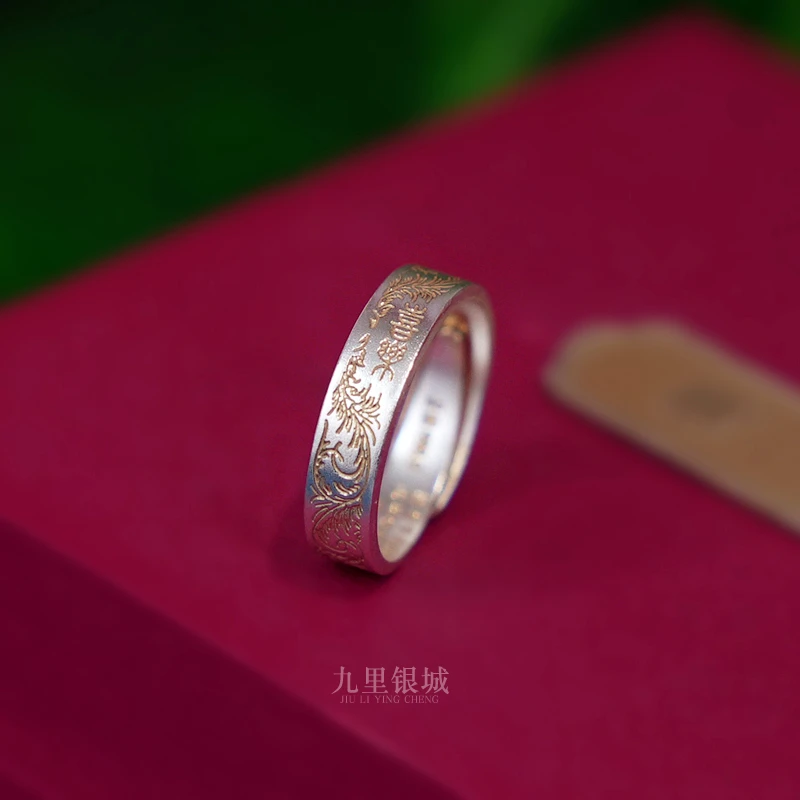 足银戒指 999.9足银描金喜乐戒指古法银复古心经食指指环复古礼物
