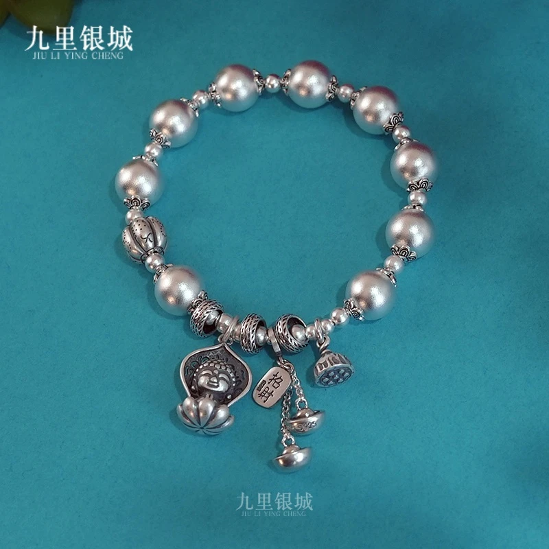 925银手链 纯银古法银宝宝佛莲蓬元宝手链大珠子哑光质感精工手串