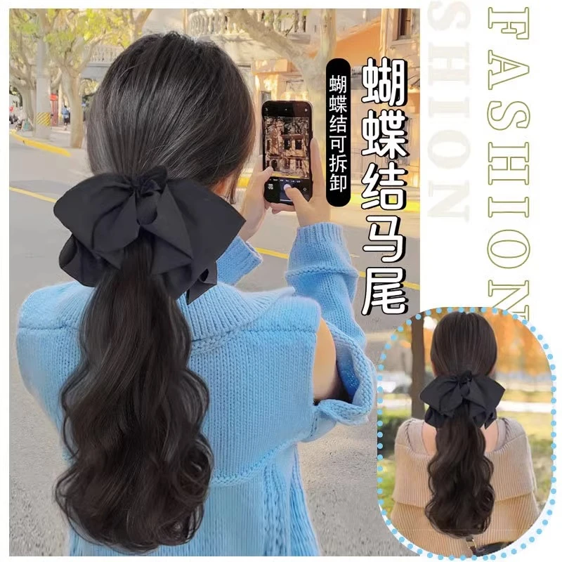 马尾假发女网红蝴蝶结低马尾抓夹自然甜美大波浪卷发高辫子中长发