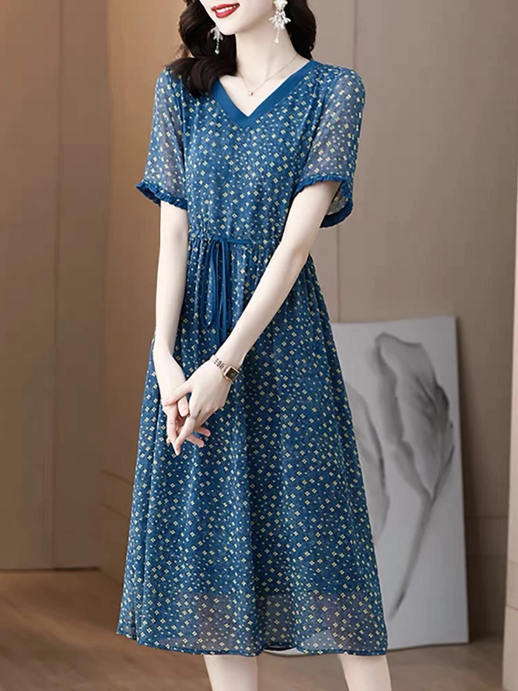 夏季气质女装连衣裙中长款复古洋气V领时尚水宽松连衣裙收腰211#