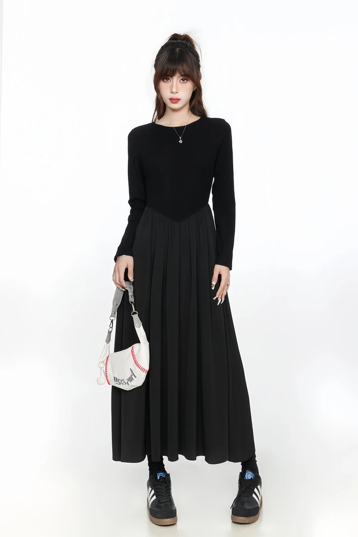 女装秋冬内搭连衣裙赫本风优雅黑色长袖法式打底小黑裙0000#法式