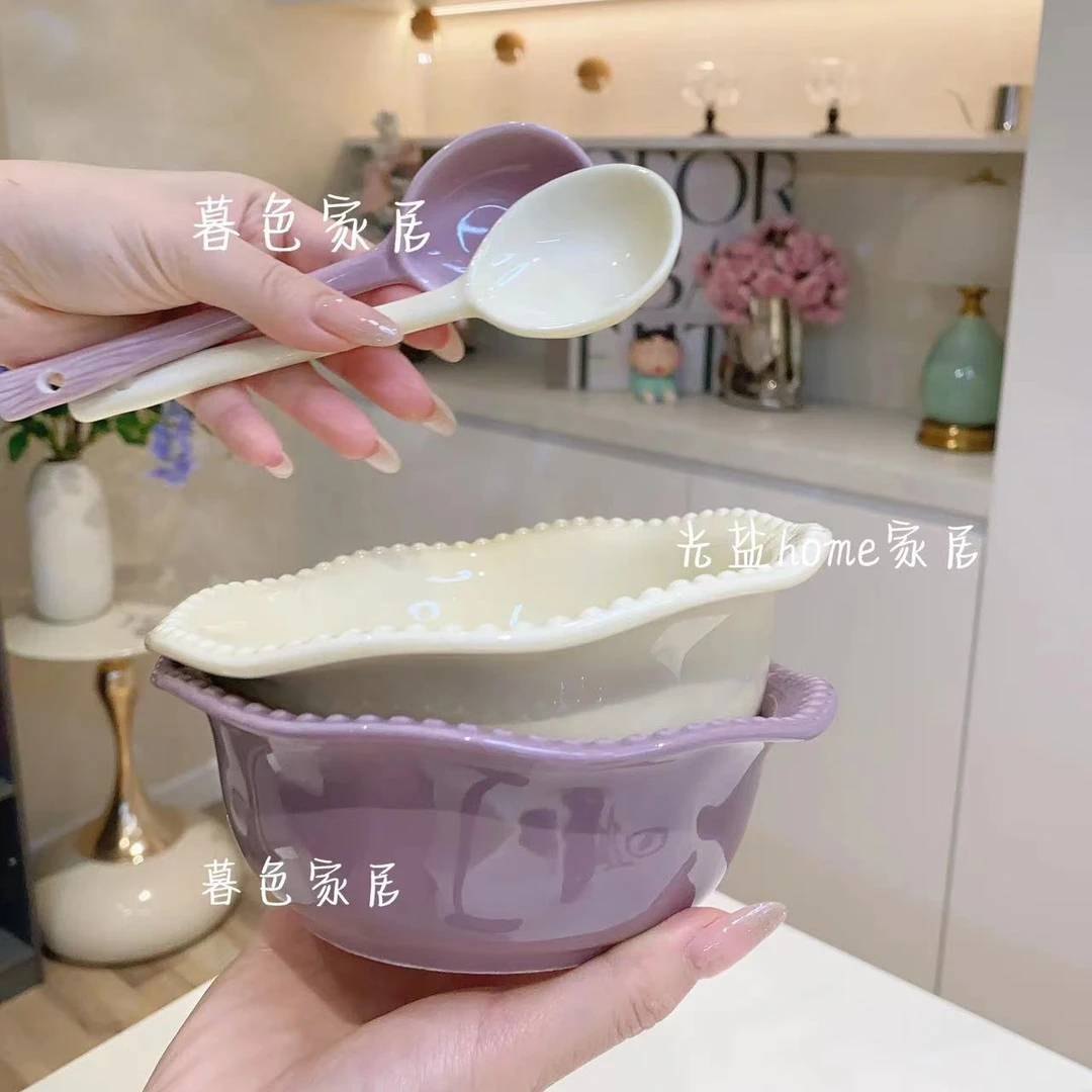 【2碗2勺】奶油风珍珠碗甜品碗陶瓷碗釉下彩餐具