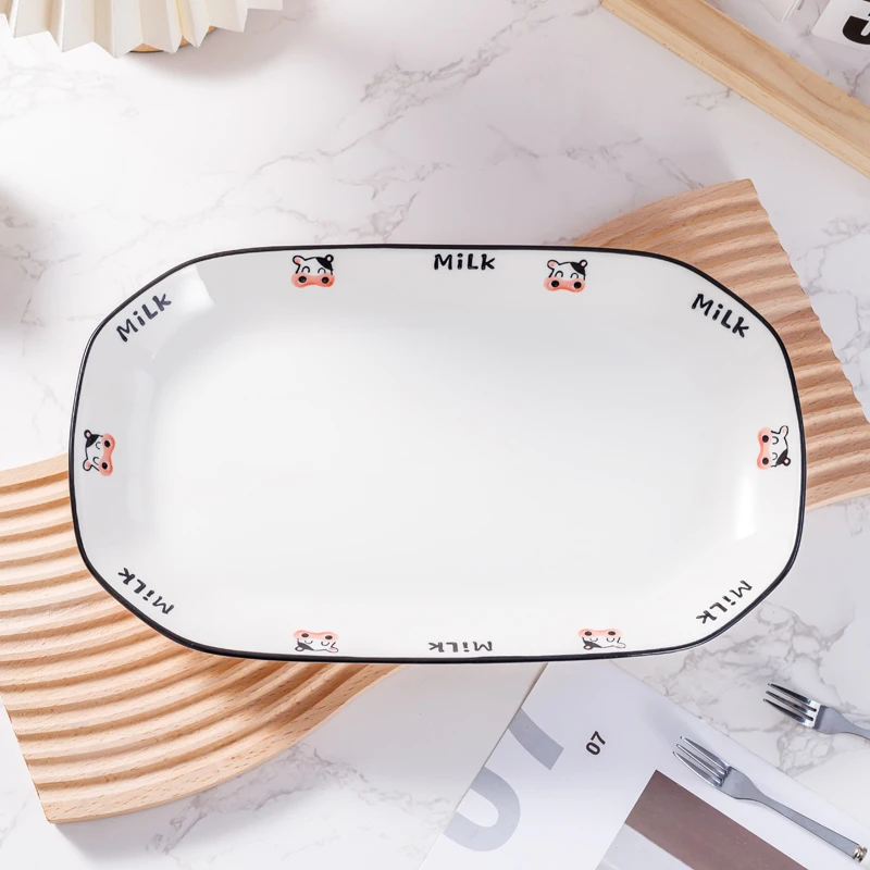 奶牛鱼盘可爱风陶瓷长盘蒸鱼盘釉下彩厨房餐具长盘盘子