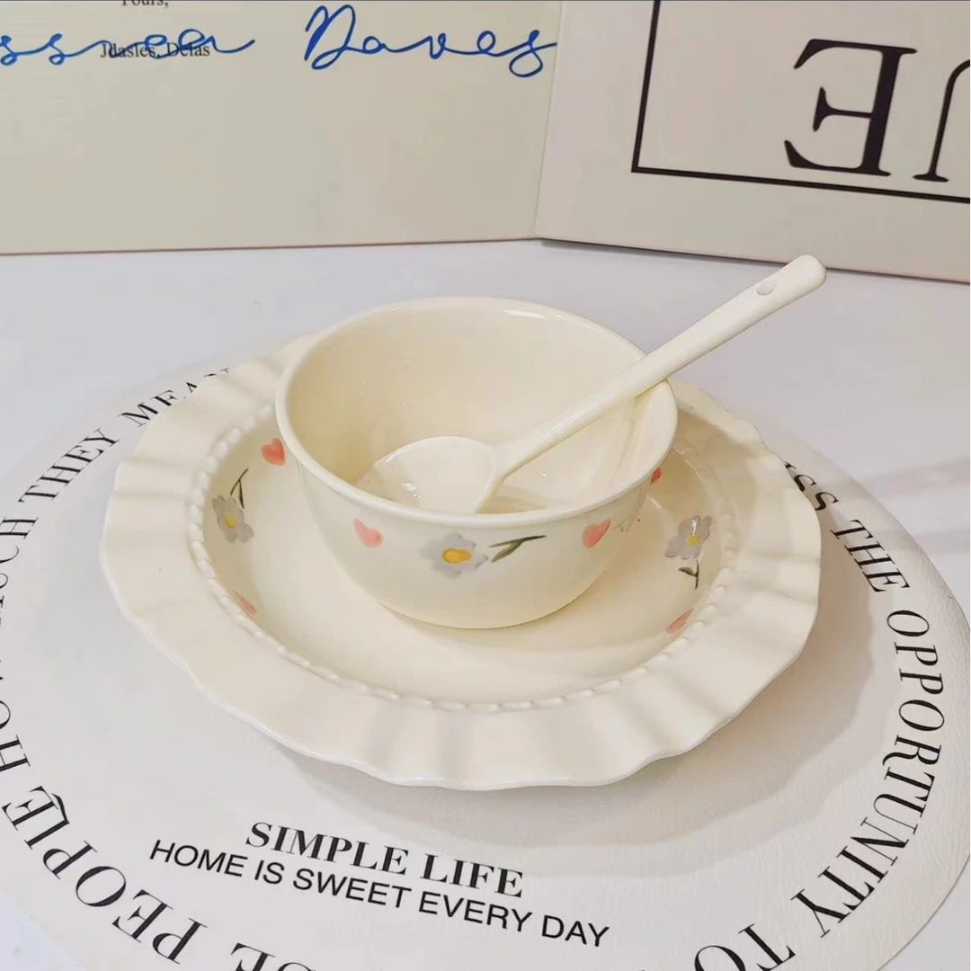 【3件套】家用釉下彩陶瓷草帽盘紫藤花一人食套装精致碗盘勺餐具