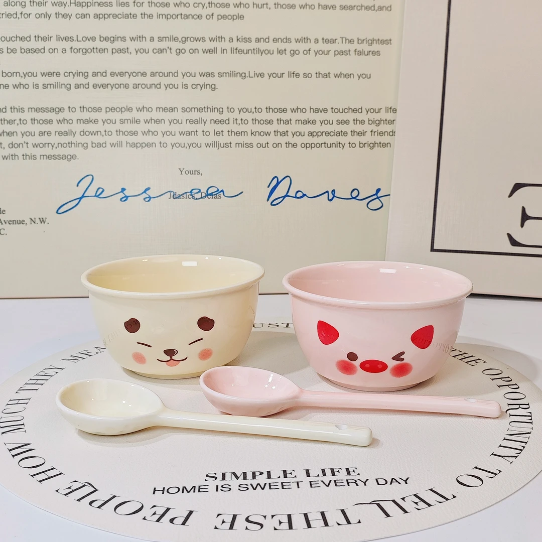 【2碗2勺】奶油风软萌狗狗小猪少女心陶瓷碗米饭碗勺釉下彩