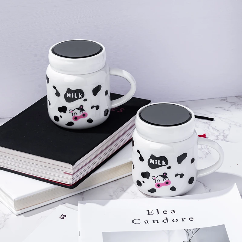 奶牛陶瓷马克杯400ml大容量可爱带盖高颜值职场水杯