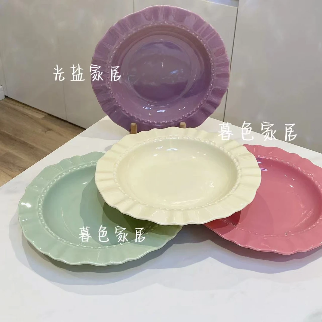 【2个/4个装】奶油风纯色草帽盘圆盘盘子意面盘点心盘陶瓷盘子