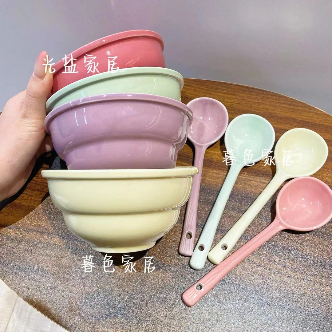 【4碗/4碗4勺】5英寸奶油风陶瓷碗米饭碗家用碗饭碗防烫可爱餐具碗