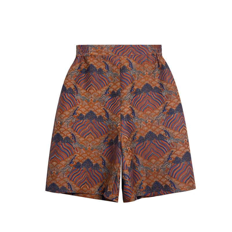 【秋凝】夏季桑蚕丝宋锦时尚百搭中腰五分短裤ZB241362格