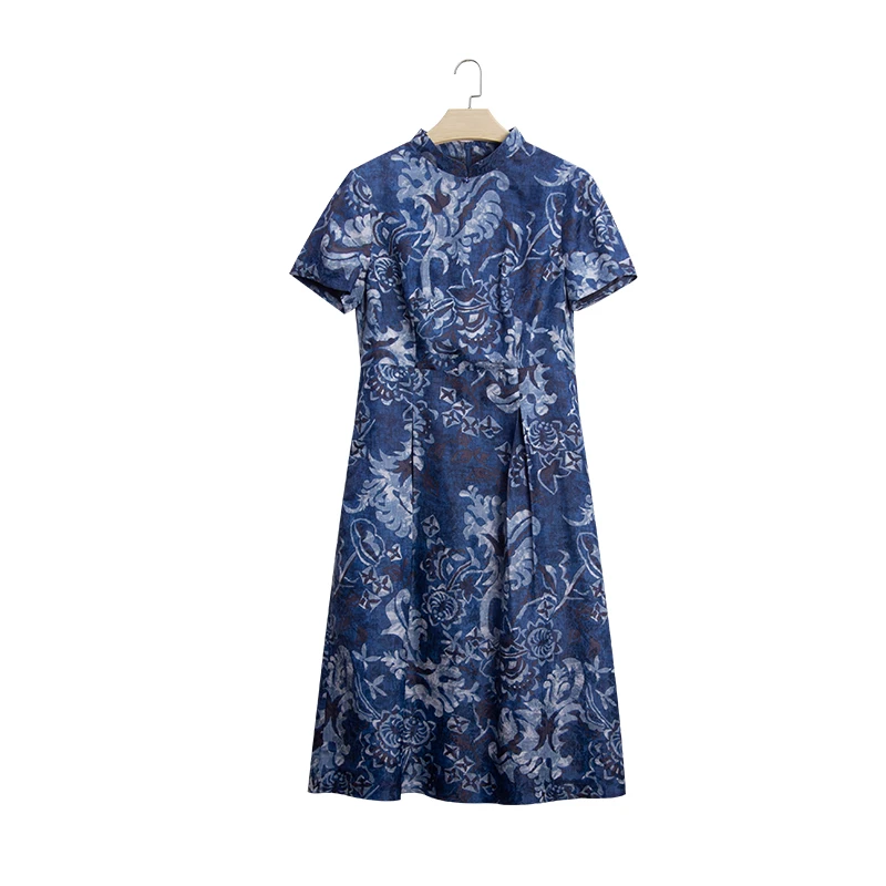 秋凝丝绸桑蚕丝国风复古中式气质短袖连衣裙241156-1