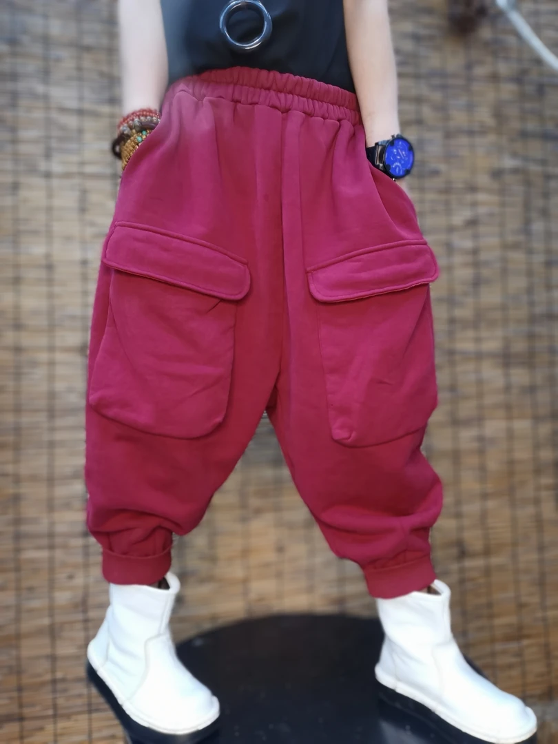 秋冬个性时尚休闲宽松版大口袋私密绒8分卫裤（潮）