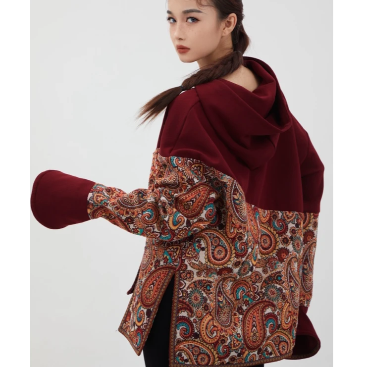 【卓日雅】6604设计师款民族风马蹄袖连帽蒙古元素拼接卫衣