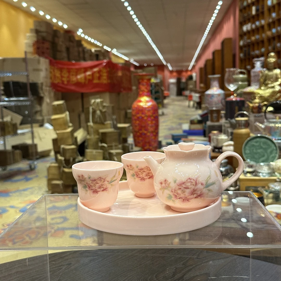 【闪购商品】粉泥牡丹花茶壶泡茶壶一壶两杯带茶盘999188