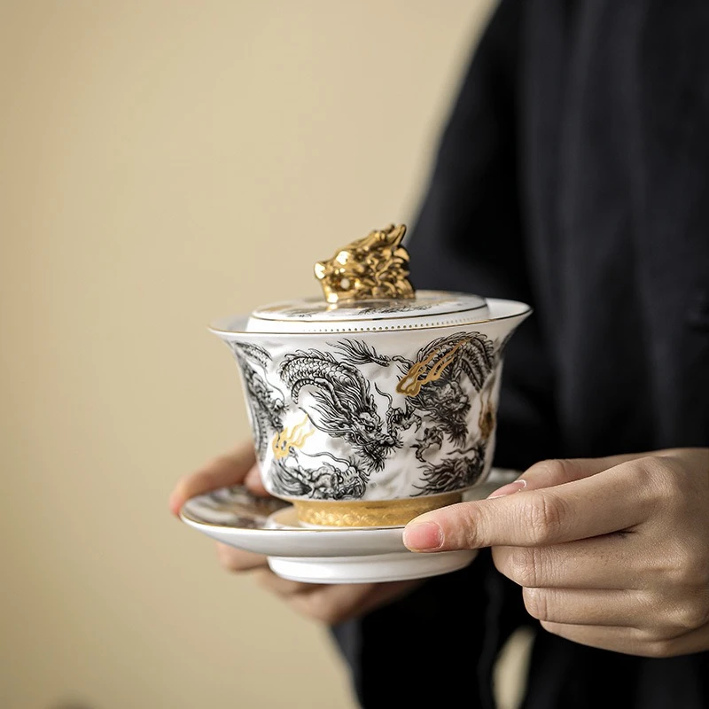 手工陶瓷防烫白瓷盖碗墨龙拓金功夫茶碗瓷盖碗泡茶碗中式描金高档