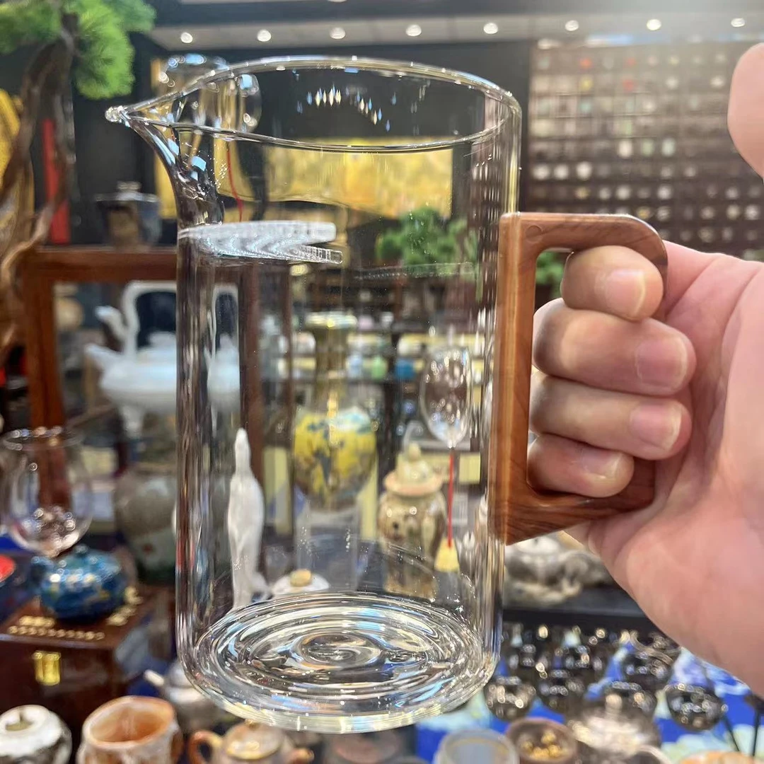 月牙木把大容量玻璃公道杯透明带过滤公杯