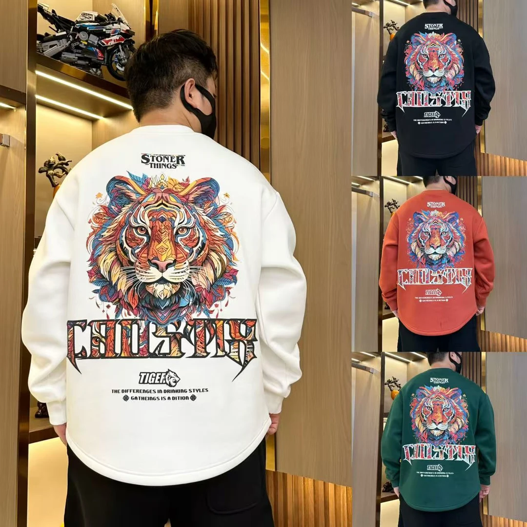 冬季新款弧形加绒加厚卫衣男长袖狮头图案青年百搭宽松燕尾服