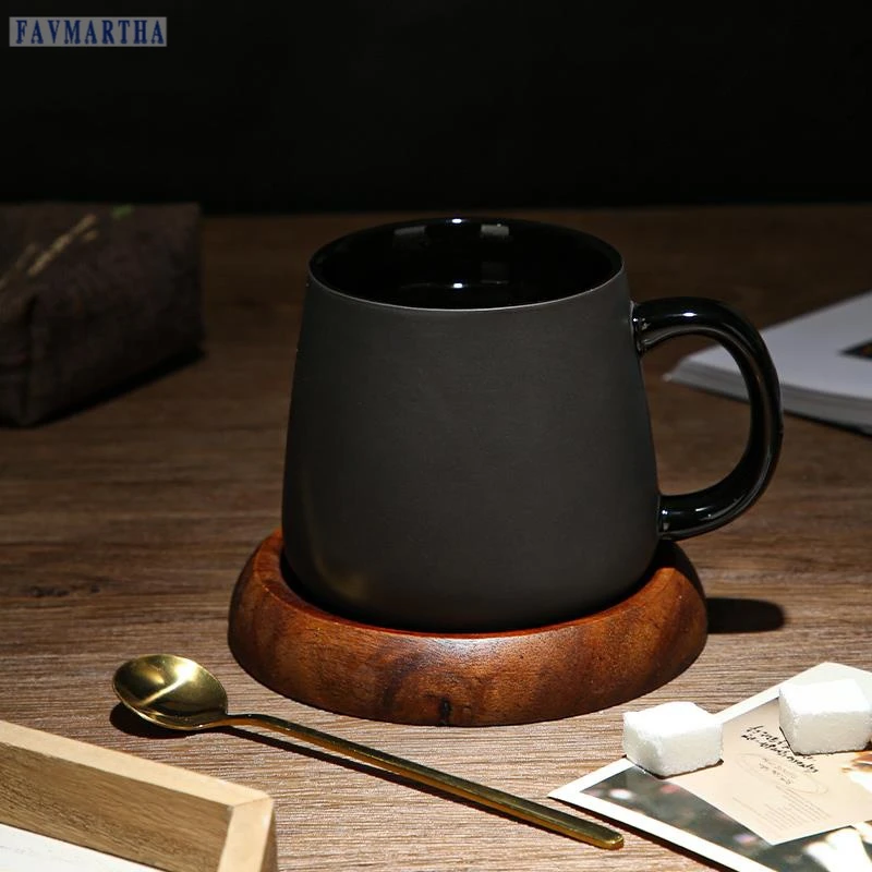 FAVMARTHA陶瓷黑色哑光大容量马克杯子简约磨砂咖啡杯带勺家用