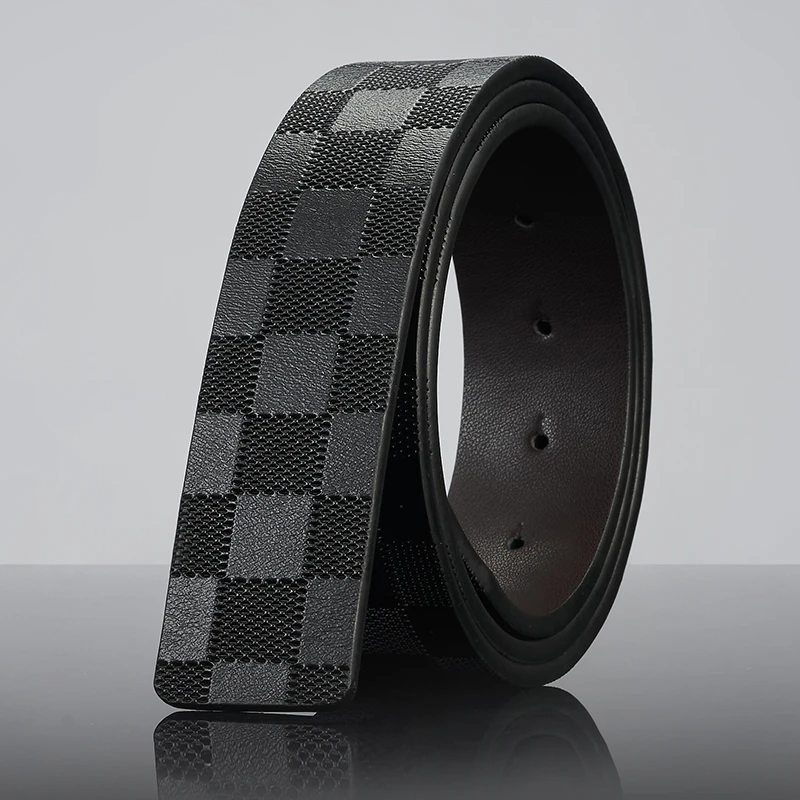 格子纹棋盘格荔枝纹真牛皮皮带时尚休闲潮流双面百搭轻奢商务带扣