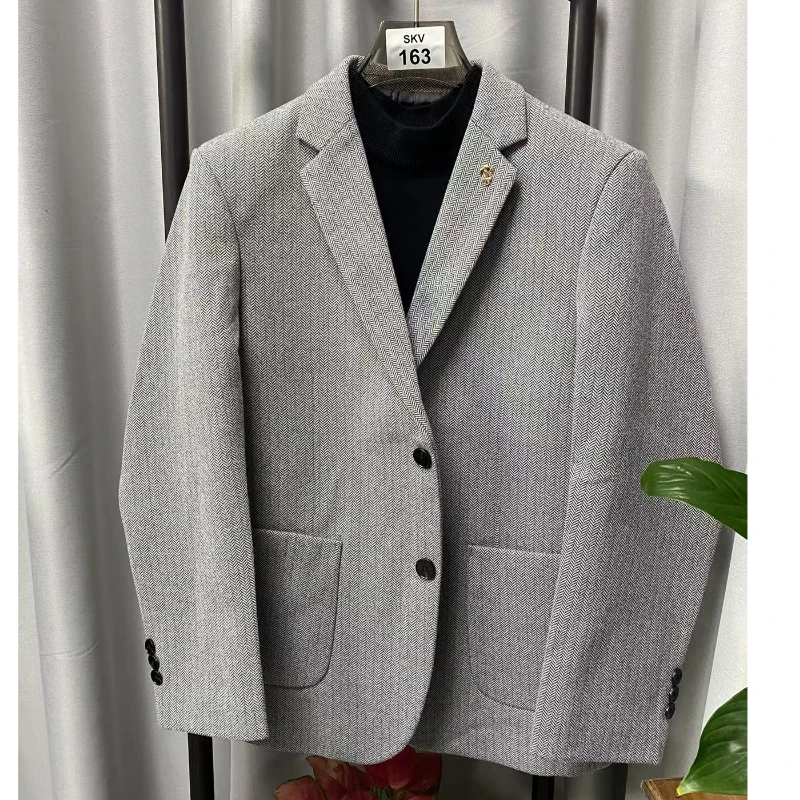 2024秋冬新款羊毛西服男士商务休闲人字纹西装