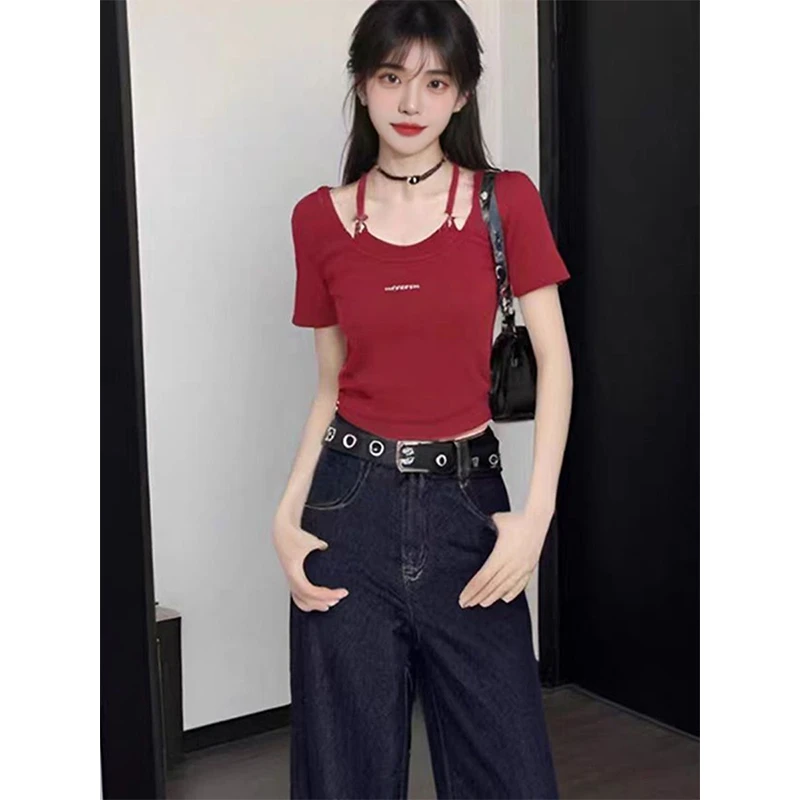 短袖t恤女夏季新款设计感字母刺绣假两件小众修身辣妹短款上衣潮