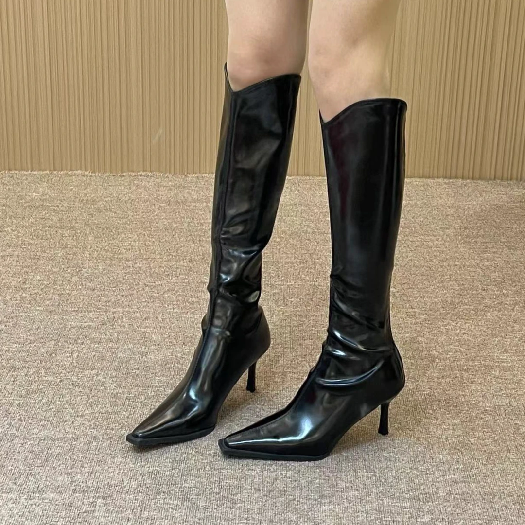 欧美风辣妹V口增高显瘦长筒靴子后拉链高跟不过膝长靴不累脚时髦