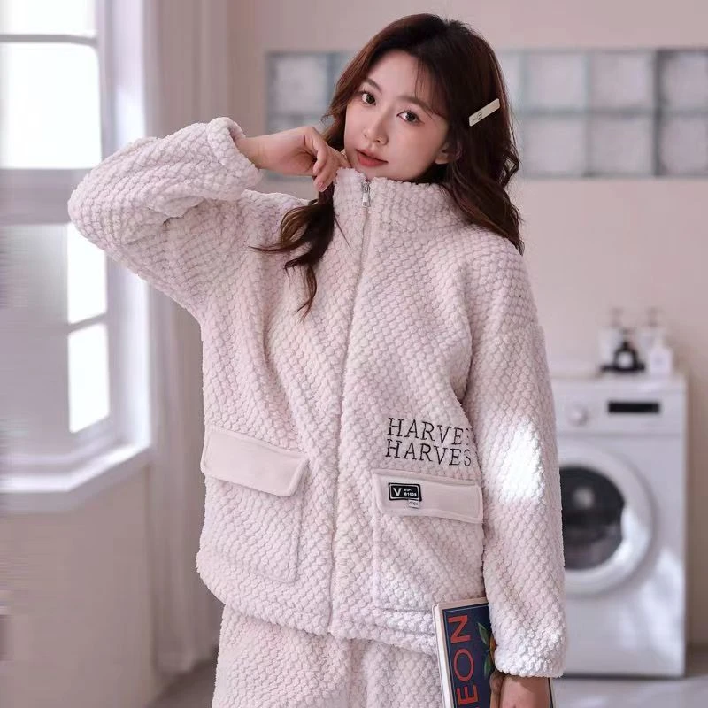 加绒加厚网红情侣睡衣男女套装家居服冬季秋冬拉链珊瑚绒可外穿