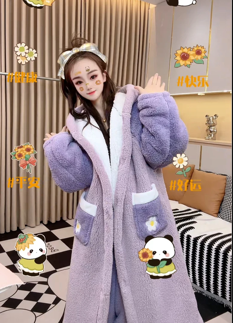 【双层加厚可爱鸭】睡衣外穿浴袍秋冬睡袍冬加绒女中长款珊瑚绒03