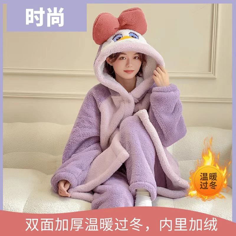【双层加厚可爱鸭】睡衣外穿浴袍秋冬睡袍冬加绒女中长款珊瑚绒